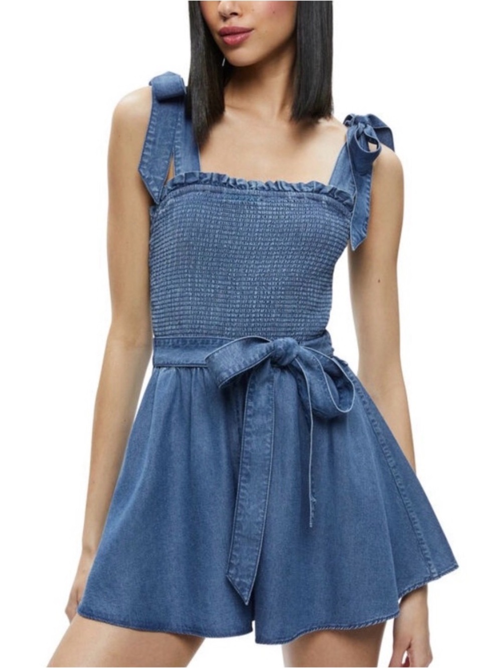 Alice & Olivia Roz Smocked Chambray Romper in Indigo 8